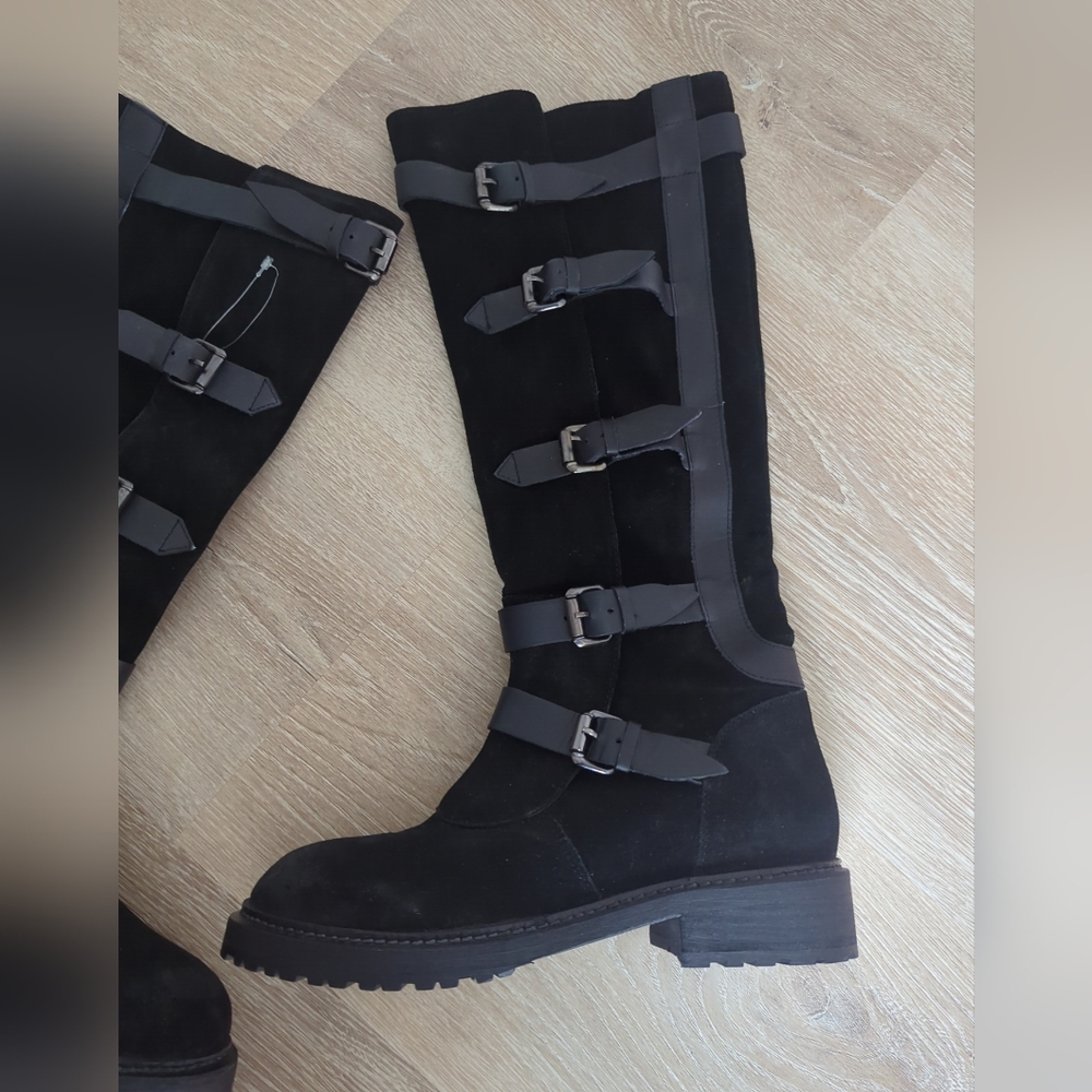 Free People Tristie Buckle Boot Tall Suede Leather Straps Lug Sole Black 6.5, 7 - Picture 3 of 11